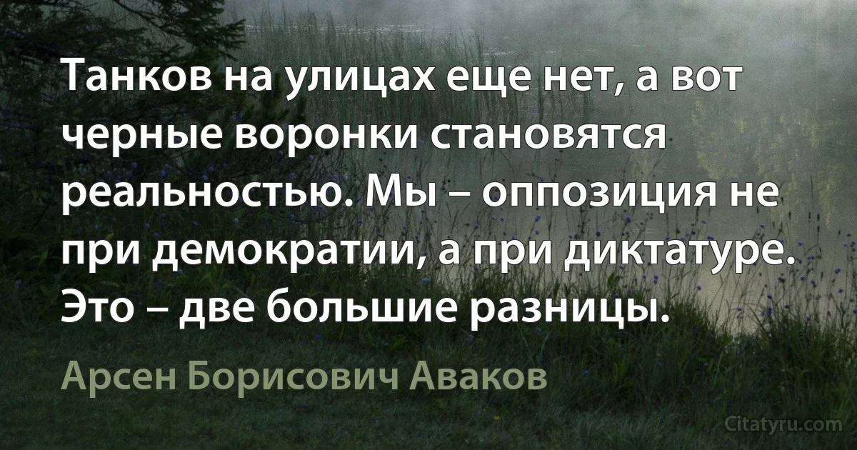 Танков на улицах еще нет, а вот черные воронки становятся реальностью. Мы – оппозиция не при демократии, а при диктатуре. Это – две большие разницы. (Арсен Борисович Аваков)