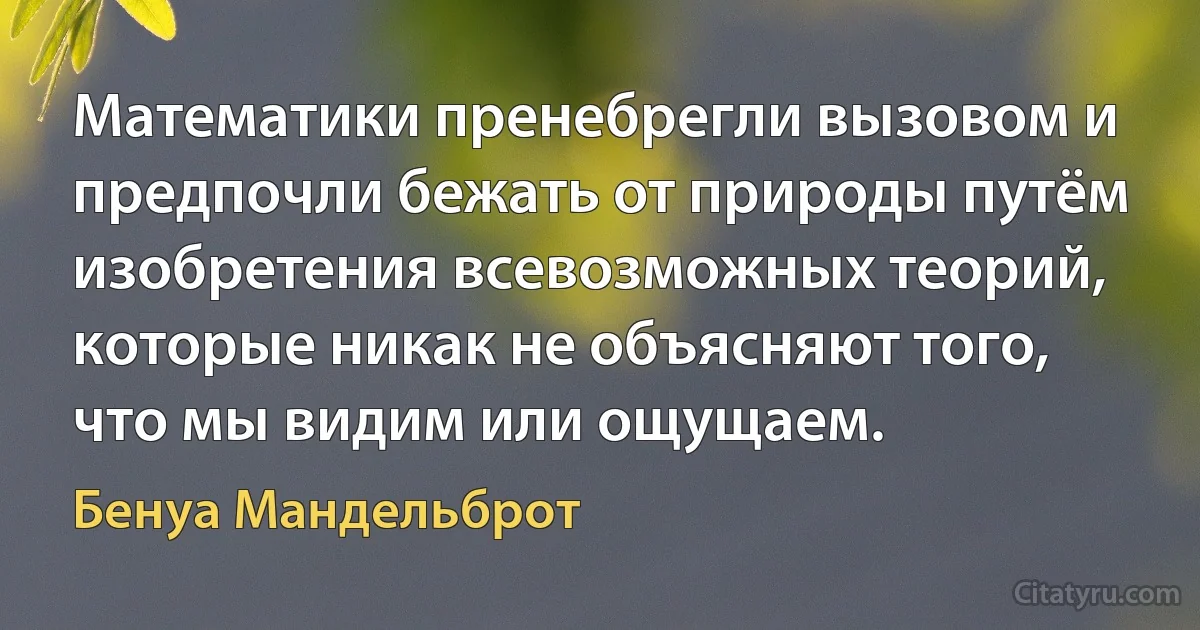 Математики пренебрегли вызовом и предпочли бежать от природы путём изобретения всевозможных теорий, которые никак не объясняют того, что мы видим или ощущаем. (Бенуа Мандельброт)