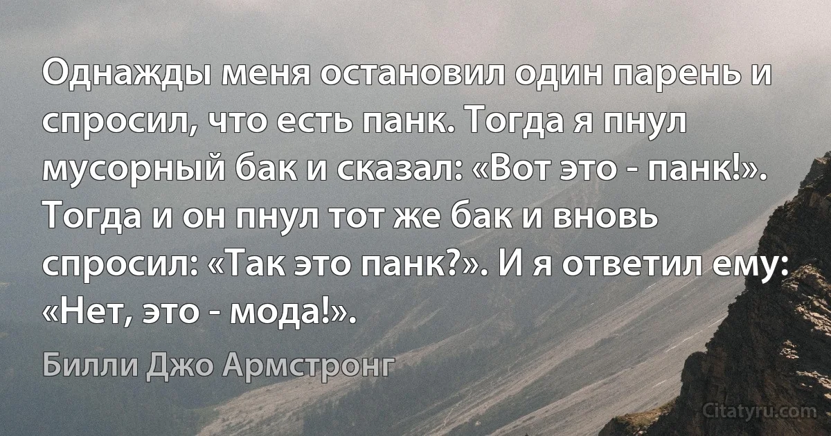 Однажды меня остановил один парень и спросил, что есть панк. Тогда я пнул мусорный бак и сказал: «Вот это - панк!». Тогда и он пнул тот же бак и вновь спросил: «Так это панк?». И я ответил ему: «Нет, это - мода!». (Билли Джо Армстронг)