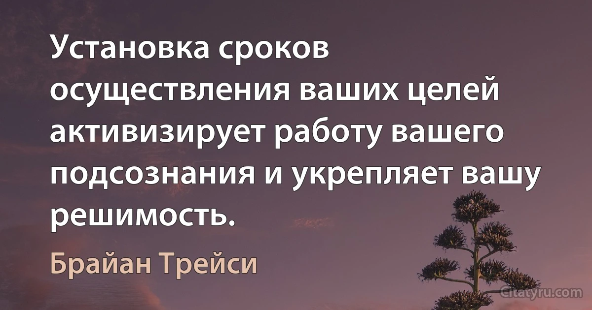 Установка сроков осуществления ваших целей активизирует работу вашего подсознания и укрепляет вашу решимость. (Брайан Трейси)