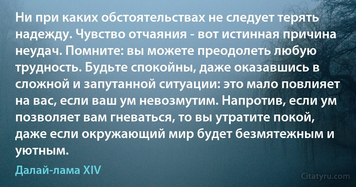 Ни при каких обстоятельствах не следует терять надежду. Чувство отчаяния - вот истинная причина неудач. Помните: вы можете преодолеть любую трудность. Будьте спокойны, даже оказавшись в сложной и запутанной ситуации: это мало повлияет на вас, если ваш ум невозмутим. Напротив, если ум позволяет вам гневаться, то вы утратите покой, даже если окружающий мир будет безмятежным и уютным. (Далай-лама XIV)