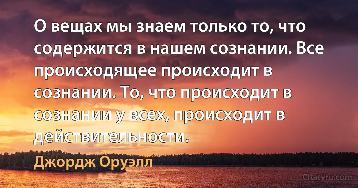 О вещах мы знаем только то, что содержится в нашем сознании. Все происходящее происходит в сознании. То, что происходит в сознании у всех, происходит в действительности. (Джордж Оруэлл)