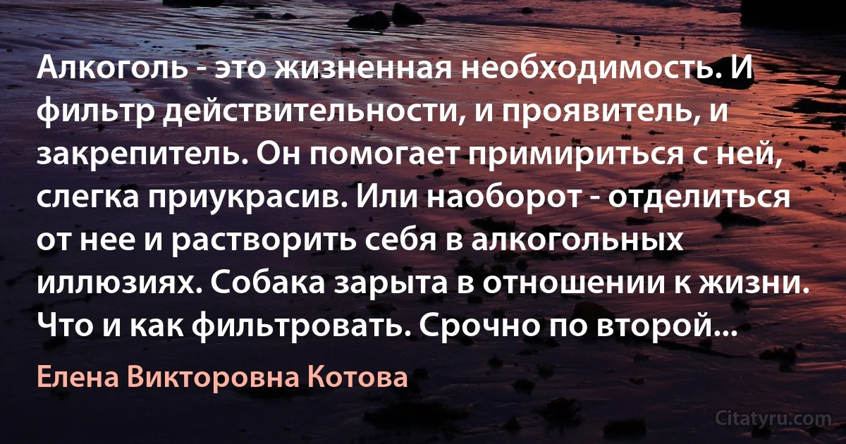 Алкоголь - это жизненная необходимость. И фильтр действительности, и проявитель, и закрепитель. Он помогает примириться с ней, слегка приукрасив. Или наоборот - отделиться от нее и растворить себя в алкогольных иллюзиях. Собака зарыта в отношении к жизни. Что и как фильтровать. Срочно по второй... (Елена Викторовна Котова)