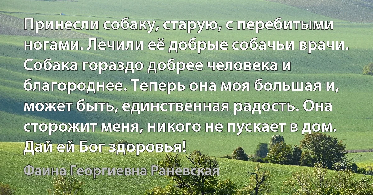 Принесли собаку, старую, с перебитыми ногами. Лечили её добрые собачьи врачи. Собака гораздо добрее человека и благороднее. Теперь она моя большая и, может быть, единственная радость. Она сторожит меня, никого не пускает в дом. Дай ей Бог здоровья! (Фаина Георгиевна Раневская)