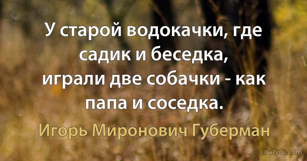 У старой водокачки, где садик и беседка,
играли две собачки - как папа и соседка. (Игорь Миронович Губерман)