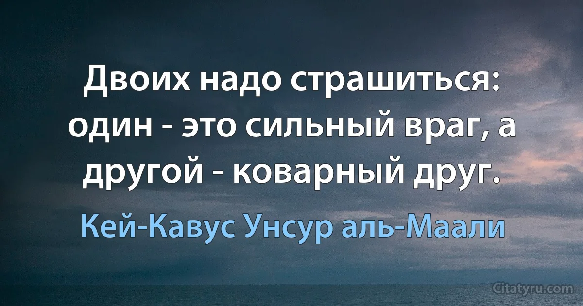 Двоих надо страшиться: один - это сильный враг, а другой - коварный друг. (Кей-Кавус Унсур аль-Маали)