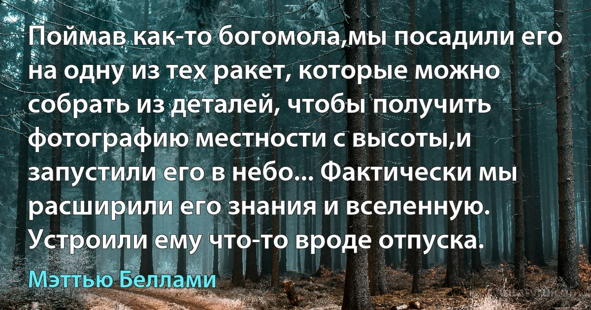 Поймав как-то богомола,мы посадили его на одну из тех ракет, которые можно собрать из деталей, чтобы получить фотографию местности с высоты,и запустили его в небо... Фактически мы расширили его знания и вселенную. Устроили ему что-то вроде отпуска. (Мэттью Беллами)