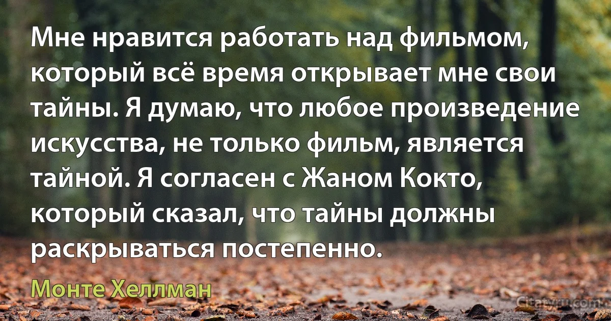 Мне нравится работать над фильмом, который всё время открывает мне свои тайны. Я думаю, что любое произведение искусства, не только фильм, является тайной. Я согласен с Жаном Кокто, который сказал, что тайны должны раскрываться постепенно. (Монте Хеллман)