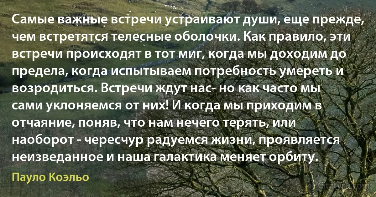 Самые важные встречи устраивают души, еще прежде, чем встретятся телесные оболочки. Как правило, эти встречи происходят в тот миг, когда мы доходим до предела, когда испытываем потребность умереть и возродиться. Встречи ждут нас- но как часто мы сами уклоняемся от них! И когда мы приходим в отчаяние, поняв, что нам нечего терять, или наоборот - чересчур радуемся жизни, проявляется неизведанное и наша галактика меняет орбиту. (Пауло Коэльо)