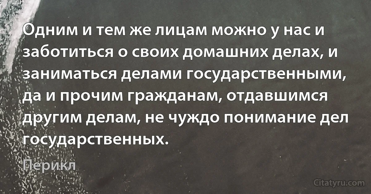 Одним и тем же лицам можно у нас и заботиться о своих домашних делах, и заниматься делами государственными, да и прочим гражданам, отдавшимся другим делам, не чуждо понимание дел государственных. (Перикл)