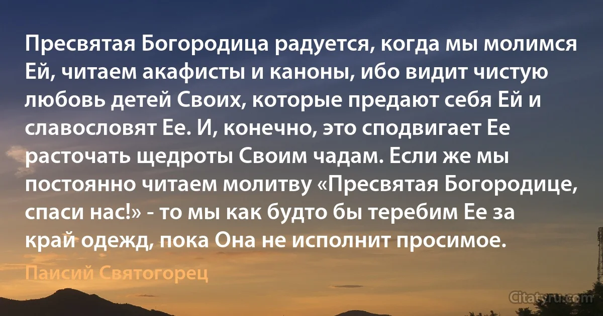 Пресвятая Богородица радуется, когда мы молимся Ей, читаем акафисты и каноны, ибо видит чистую любовь детей Своих, которые предают себя Ей и славословят Ее. И, конечно, это сподвигает Ее расточать щедроты Своим чадам. Если же мы постоянно читаем молитву «Пресвятая Богородице, спаси нас!» - то мы как будто бы теребим Ее за край одежд, пока Она не исполнит просимое. (Паисий Святогорец)