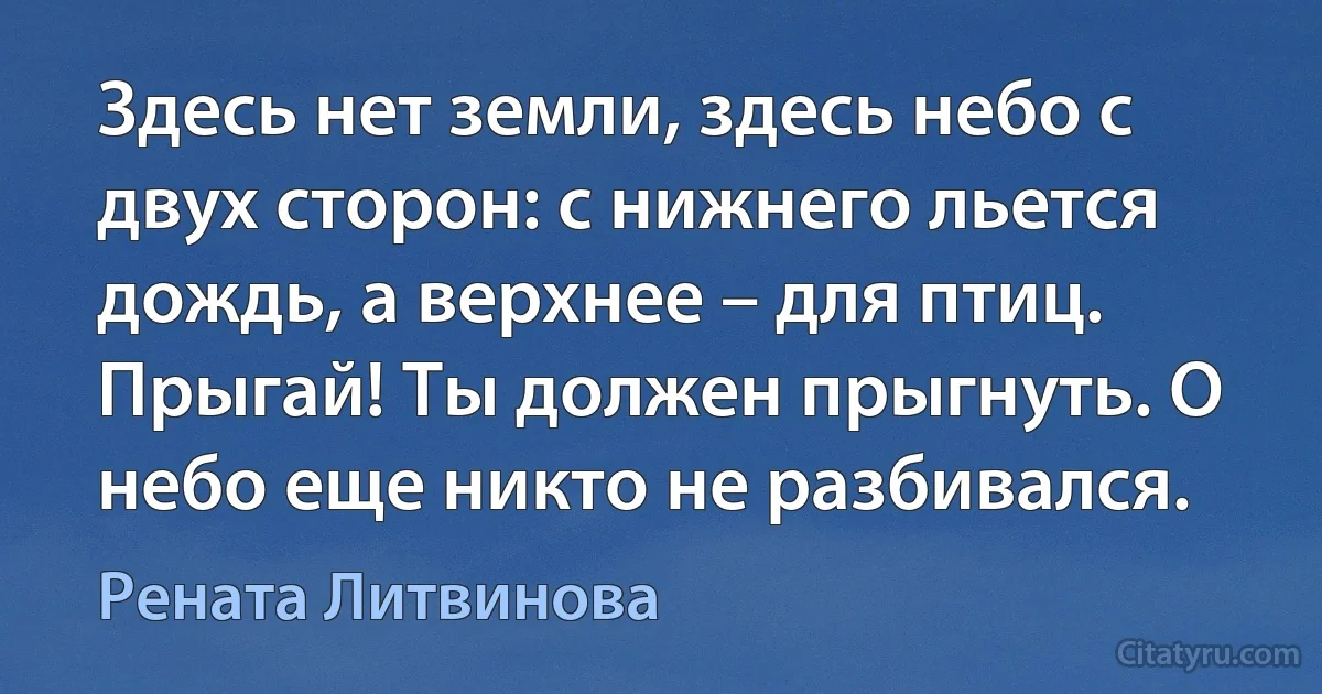 Здесь нет земли, здесь небо с двух сторон: с нижнего льется дождь, а верхнее – для птиц. Прыгай! Ты должен прыгнуть. О небо еще никто не разбивался. (Рената Литвинова)