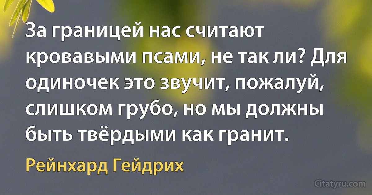 За границей нас считают кровавыми псами, не так ли? Для одиночек это звучит, пожалуй, слишком грубо, но мы должны быть твёрдыми как гранит. (Рейнхард Гейдрих)