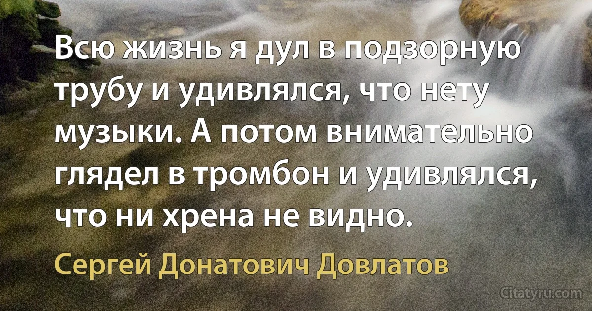 Всю жизнь я дул в подзорную трубу и удивлялся, что нету музыки. А потом внимательно глядел в тромбон и удивлялся, что ни хрена не видно. (Сергей Донатович Довлатов)