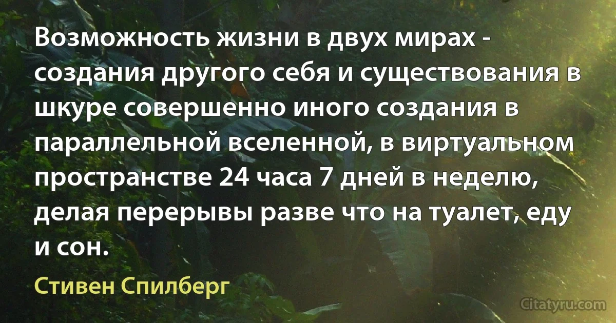 Возможность жизни в двух мирах - создания другого себя и существования в шкуре совершенно иного создания в параллельной вселенной, в виртуальном пространстве 24 часа 7 дней в неделю, делая перерывы разве что на туалет, еду и сон. (Стивен Спилберг)