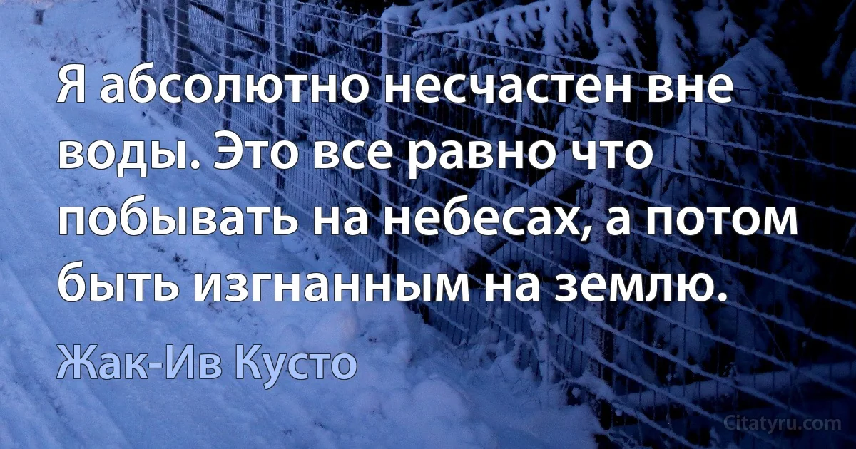 Я абсолютно несчастен вне воды. Это все равно что побывать на небесах, а потом быть изгнанным на землю. (Жак-Ив Кусто)