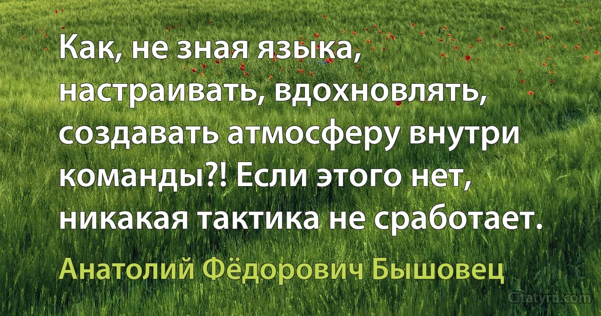 Как, не зная языка, настраивать, вдохновлять, создавать атмосферу внутри команды?! Если этого нет, никакая тактика не сработает. (Анатолий Фёдорович Бышовец)