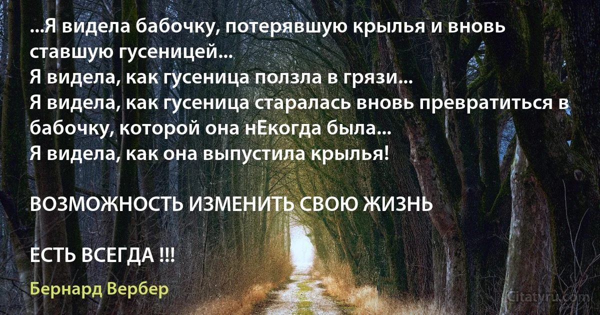 ...Я видела бабочку, потерявшую крылья и вновь ставшую гусеницей...
Я видела, как гусеница ползла в грязи...
Я видела, как гусеница старалась вновь превратиться в бабочку, которой она нЕкогда была...
Я видела, как она выпустила крылья!

ВОЗМОЖНОСТЬ ИЗМЕНИТЬ СВОЮ ЖИЗНЬ

ЕСТЬ ВСЕГДА !!! (Бернард Вербер)