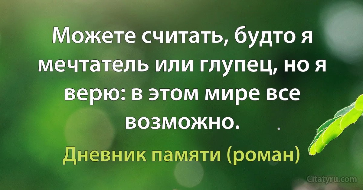 Можете считать, будто я мечтатель или глупец, но я верю: в этом мире все возможно. (Дневник памяти (роман))