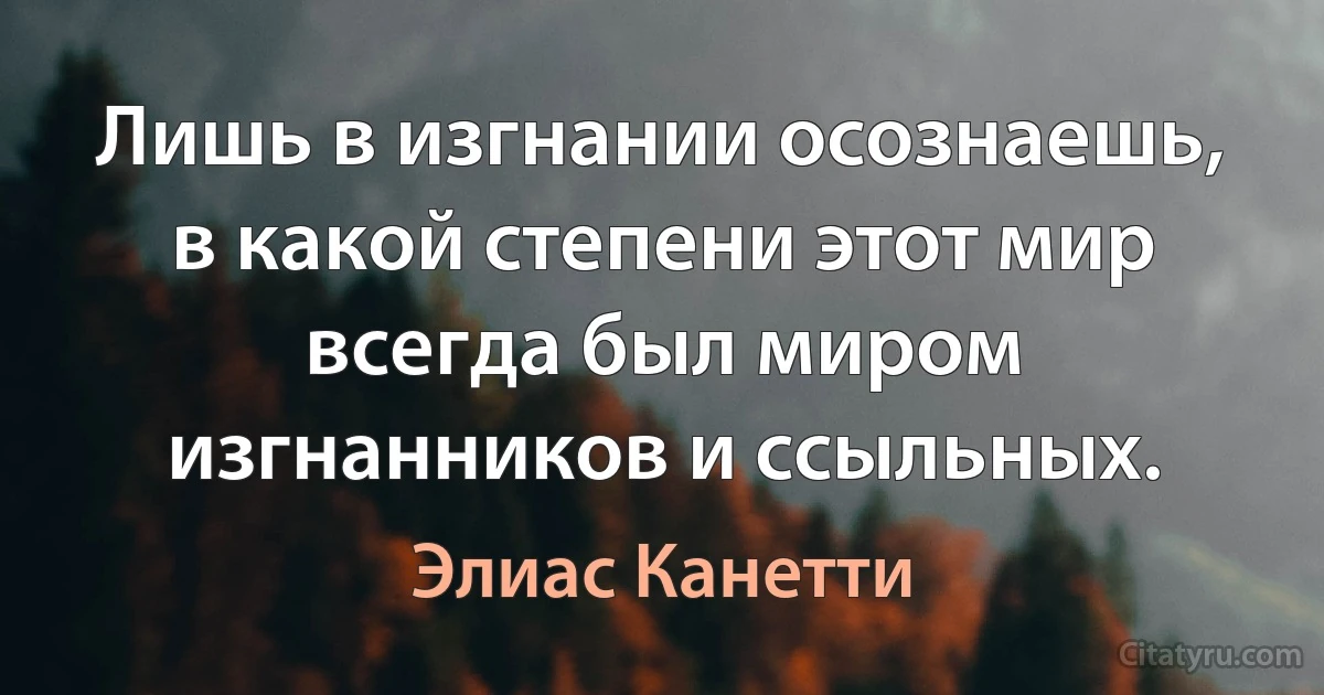 Лишь в изгнании осознаешь, в какой степени этот мир всегда был миром изгнанников и ссыльных. (Элиас Канетти)