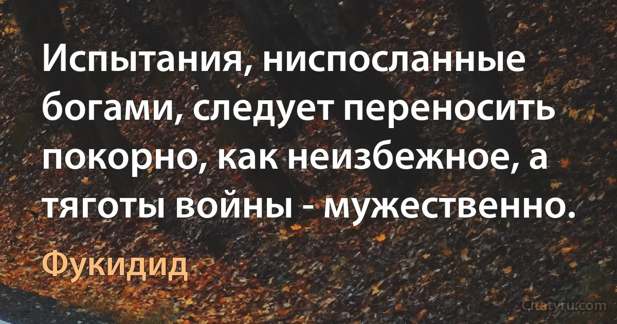 Испытания, ниспосланные богами, следует переносить покорно, как неизбежное, а тяготы войны - мужественно. (Фукидид)