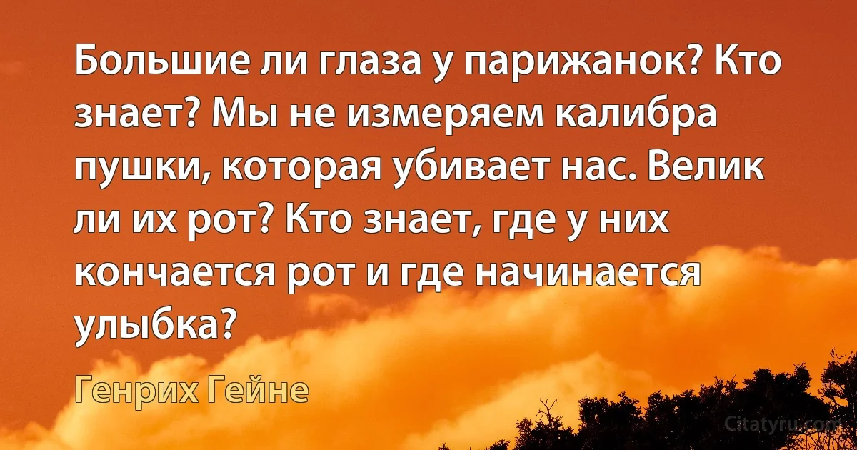 Большие ли глаза у парижанок? Кто знает? Мы не измеряем калибра пушки, которая убивает нас. Велик ли их рот? Кто знает, где у них кончается рот и где начинается улыбка? (Генрих Гейне)