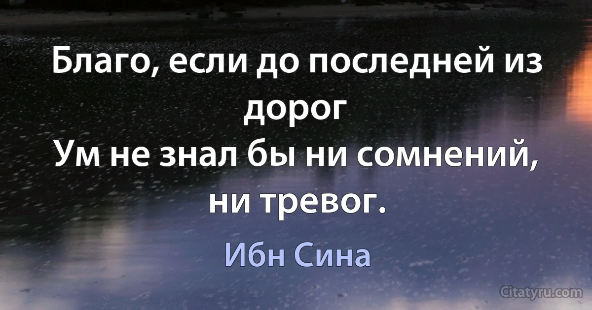 Благо, если до последней из дорог
Ум не знал бы ни сомнений, ни тревог. (Ибн Сина)