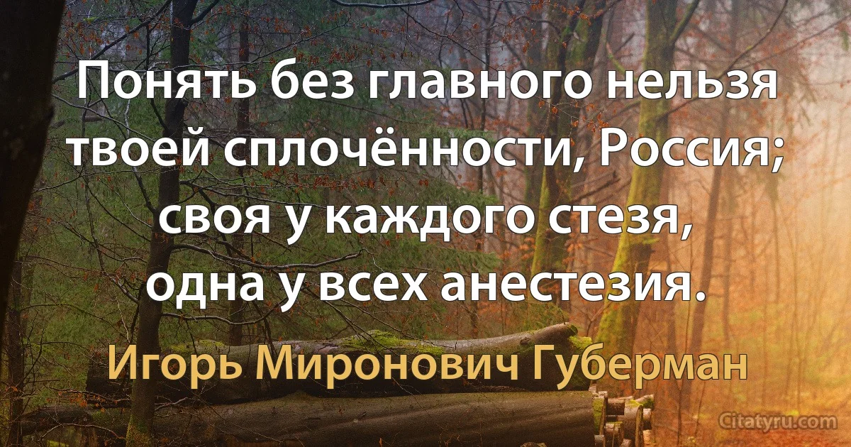 Понять без главного нельзя
твоей сплочённости, Россия;
своя у каждого стезя,
одна у всех анестезия. (Игорь Миронович Губерман)