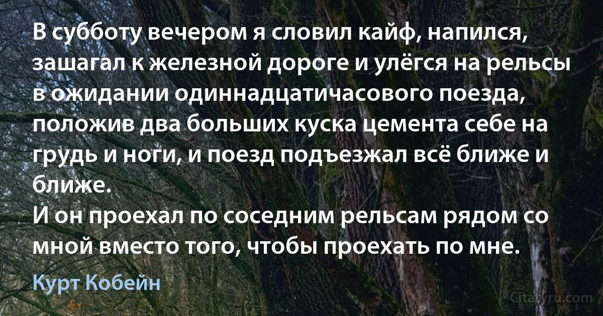 В субботу вечером я словил кайф, напился, зашагал к железной дороге и улёгся на рельсы в ожидании одиннадцатичасового поезда, положив два больших куска цемента себе на грудь и ноги, и поезд подъезжал всё ближе и ближе.
И он проехал по соседним рельсам рядом со мной вместо того, чтобы проехать по мне. (Курт Кобейн)