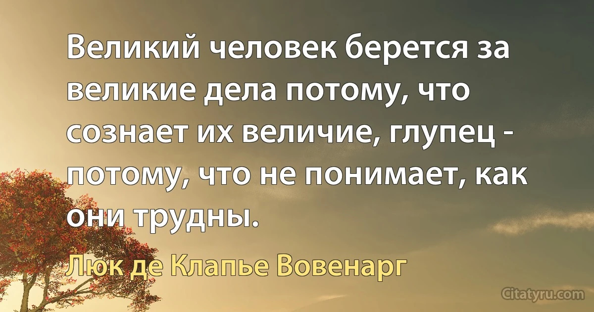 Великий человек берется за великие дела потому, что сознает их величие, глупец - потому, что не понимает, как они трудны. (Люк де Клапье Вовенарг)