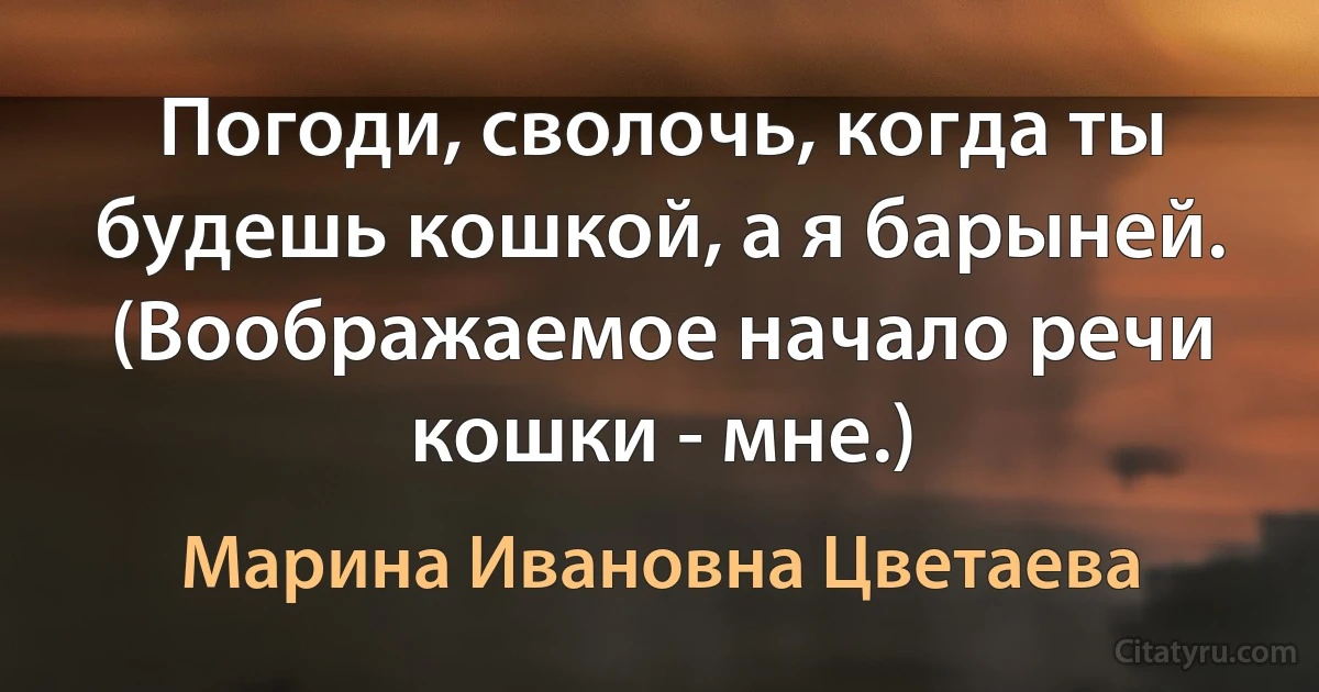 Погоди, сволочь, когда ты будешь кошкой, а я барыней.
(Воображаемое начало речи кошки - мне.) (Марина Ивановна Цветаева)