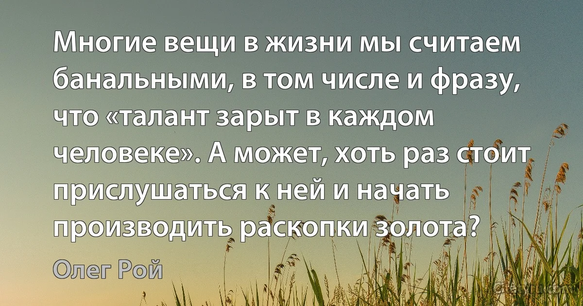 Многие вещи в жизни мы считаем банальными, в том числе и фразу, что «талант зарыт в каждом человеке». А может, хоть раз стоит прислушаться к ней и начать производить раскопки золота? (Олег Рой)