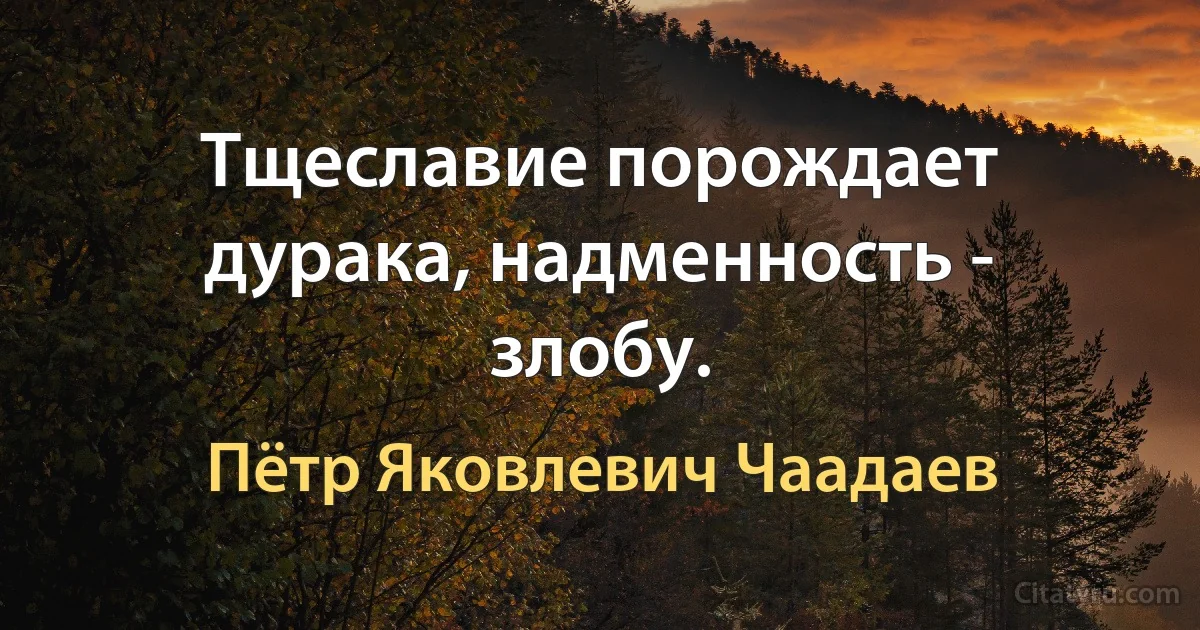 Тщеславие порождает дурака, надменность - злобу. (Пётр Яковлевич Чаадаев)