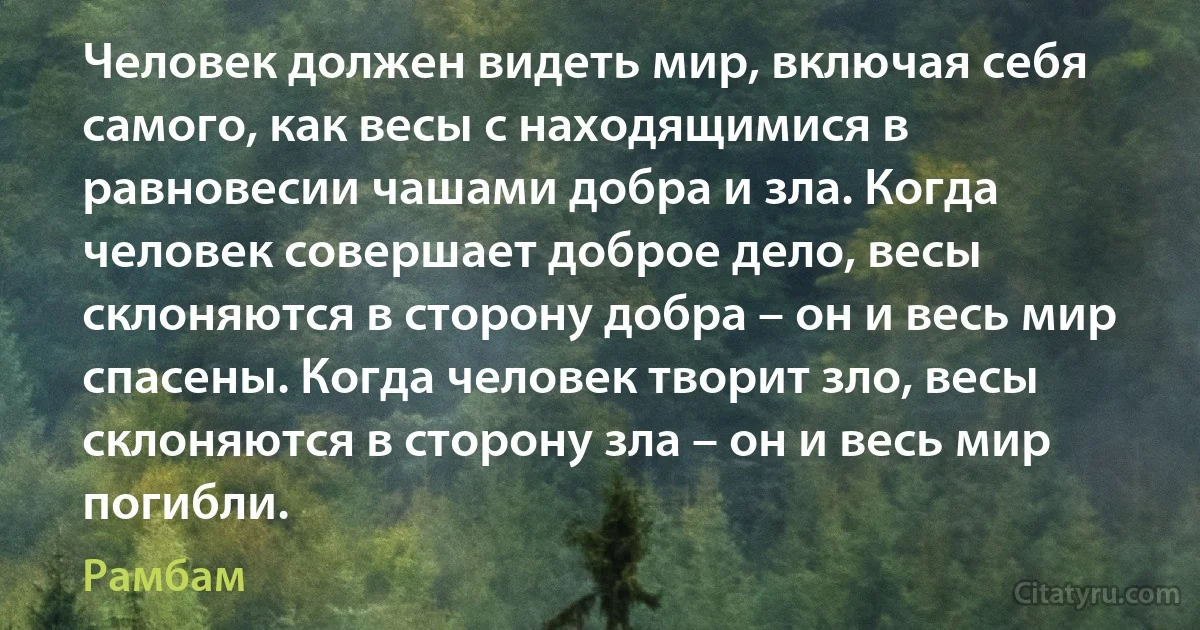 Человек должен видеть мир, включая себя самого, как весы с находящимися в равновесии чашами добра и зла. Когда человек совершает доброе дело, весы склоняются в сторону добра – он и весь мир спасены. Когда человек творит зло, весы склоняются в сторону зла – он и весь мир погибли. (Рамбам)