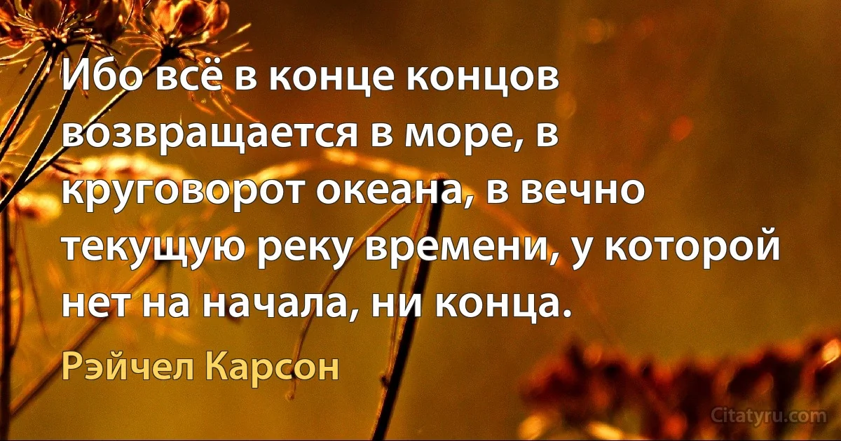 Ибо всё в конце концов возвращается в море, в круговорот океана, в вечно текущую реку времени, у которой нет на начала, ни конца. (Рэйчел Карсон)