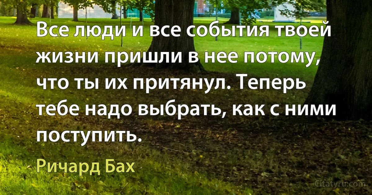 Все люди и все события твоей жизни пришли в нее потому, что ты их притянул. Теперь тебе надо выбрать, как с ними поступить. (Ричард Бах)