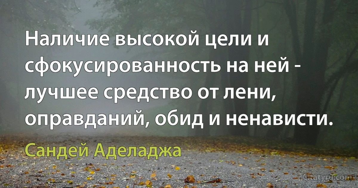 Наличие высокой цели и сфокусированность на ней - лучшее средство от лени, оправданий, обид и ненависти. (Сандей Аделаджа)