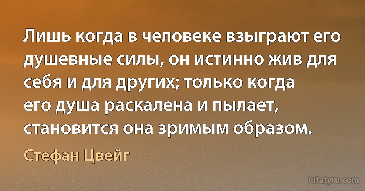 Лишь когда в человеке взыграют его душевные силы, он истинно жив для себя и для других; только когда его душа раскалена и пылает, становится она зримым образом. (Стефан Цвейг)