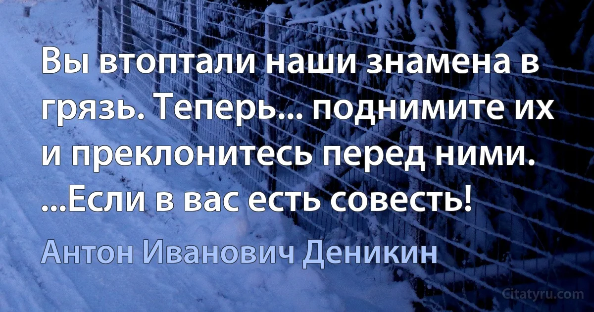 Вы втоптали наши знамена в грязь. Теперь... поднимите их и преклонитесь перед ними. ...Если в вас есть совесть! (Антон Иванович Деникин)