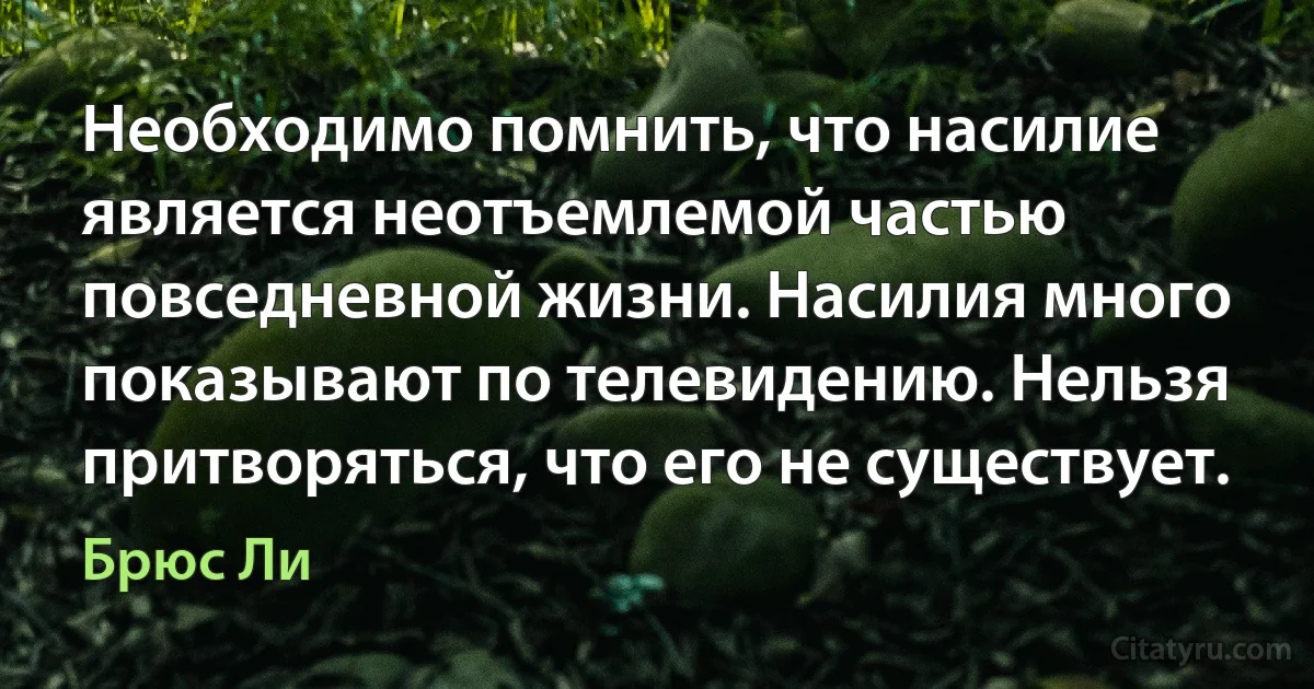 Необходимо помнить, что насилие является неотъемлемой частью повседневной жизни. Насилия много показывают по телевидению. Нельзя притворяться, что его не существует. (Брюс Ли)