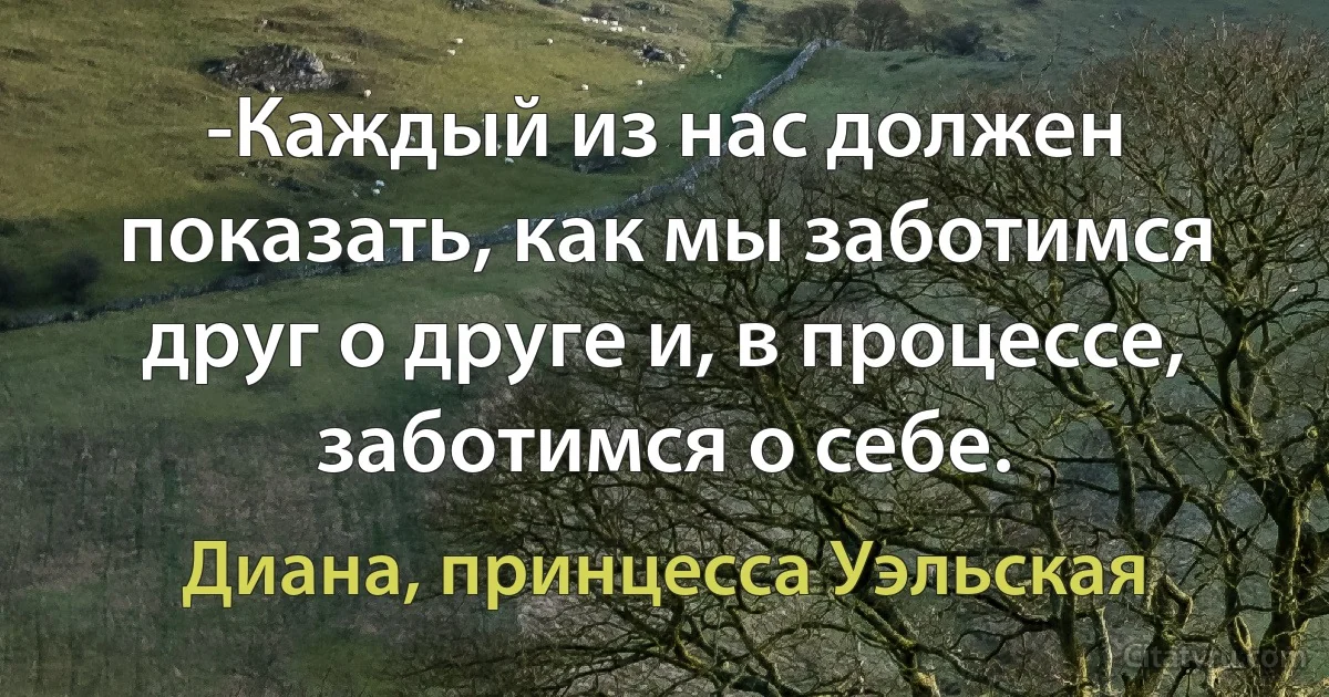 -Каждый из нас должен показать, как мы заботимся друг о друге и, в процессе, заботимся о себе. (Диана, принцесса Уэльская)