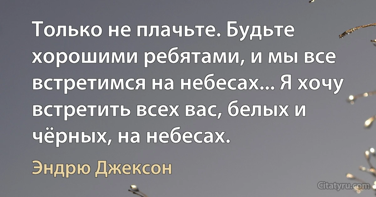 Только не плачьте. Будьте хорошими ребятами, и мы все встретимся на небесах... Я хочу встретить всех вас, белых и чёрных, на небесах. (Эндрю Джексон)