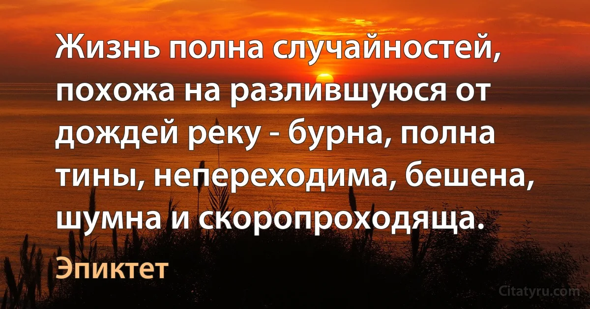 Жизнь полна случайностей, похожа на разлившуюся от дождей реку - бурна, полна тины, непереходима, бешена, шумна и скоропроходяща. (Эпиктет)