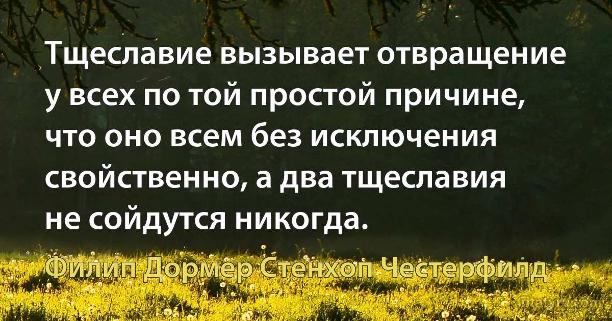 Тщеславие вызывает отвращение у всех по той простой причине, что оно всем без исключения свойственно, а два тщеславия не сойдутся никогда. (Филип Дормер Стенхоп Честерфилд)