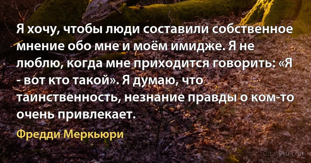 Я хочу, чтобы люди составили собственное мнение обо мне и моём имидже. Я не люблю, когда мне приходится говорить: «Я - вот кто такой». Я думаю, что таинственность, незнание правды о ком-то очень привлекает. (Фредди Меркьюри)