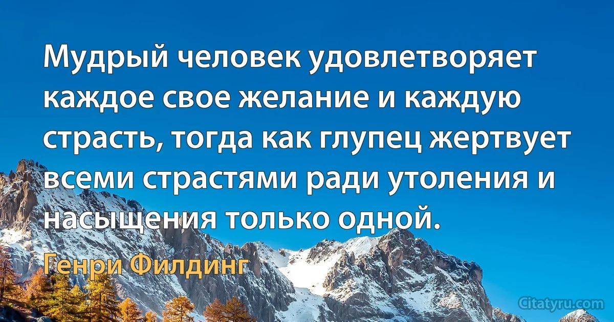 Мудрый человек удовлетворяет каждое свое желание и каждую страсть, тогда как глупец жертвует всеми страстями ради утоления и насыщения только одной. (Генри Филдинг)