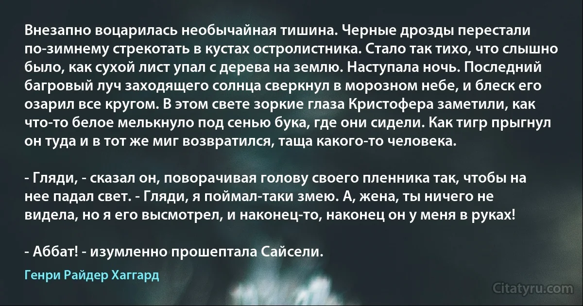 Внезапно воцарилась необычайная тишина. Черные дрозды перестали по-зимнему стрекотать в кустах остролистника. Стало так тихо, что слышно было, как сухой лист упал с дерева на землю. Наступала ночь. Последний багровый луч заходящего солнца сверкнул в морозном небе, и блеск его озарил все кругом. В этом свете зоркие глаза Кристофера заметили, как что-то белое мелькнуло под сенью бука, где они сидели. Как тигр прыгнул он туда и в тот же миг возвратился, таща какого-то человека.

- Гляди, - сказал он, поворачивая голову своего пленника так, чтобы на нее падал свет. - Гляди, я поймал-таки змею. А, жена, ты ничего не видела, но я его высмотрел, и наконец-то, наконец он у меня в руках!

- Аббат! - изумленно прошептала Сайсели. (Генри Райдер Хаггард)