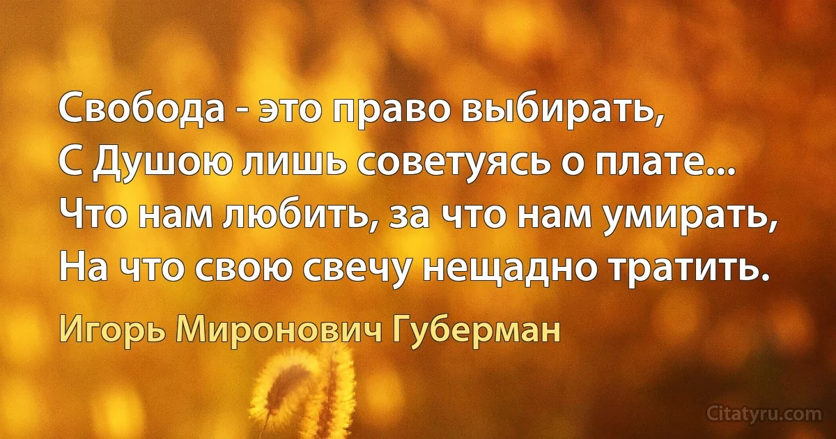 Свобода - это право выбирать,
С Душою лишь советуясь о плате...
Что нам любить, за что нам умирать,
На что свою свечу нещадно тратить. (Игорь Миронович Губерман)