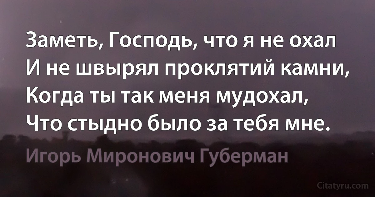 Заметь, Господь, что я не охал
И не швырял проклятий камни,
Когда ты так меня мудохал,
Что стыдно было за тебя мне. (Игорь Миронович Губерман)