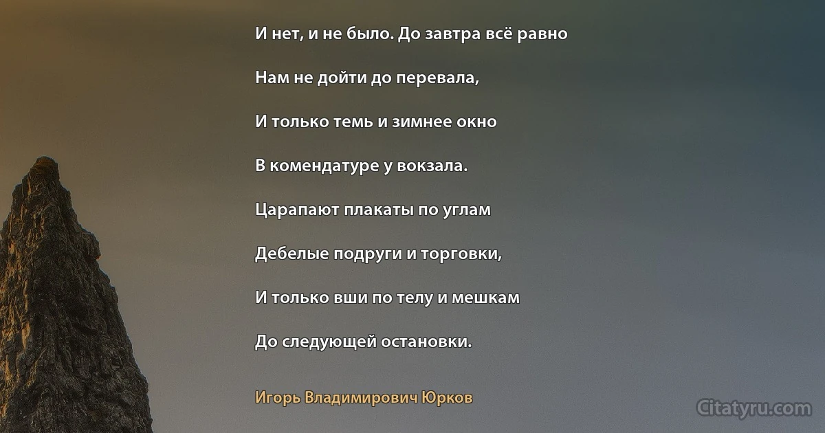 И нет, и не было. До завтра всё равно

Нам не дойти до перевала,

И только темь и зимнее окно

В комендатуре у вокзала.

Царапают плакаты по углам

Дебелые подруги и торговки,

И только вши по телу и мешкам

До следующей остановки. (Игорь Владимирович Юрков)